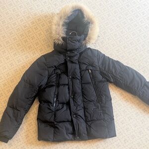 Moncler Kids Navy Puffer Jacket with Faux Fur Hood